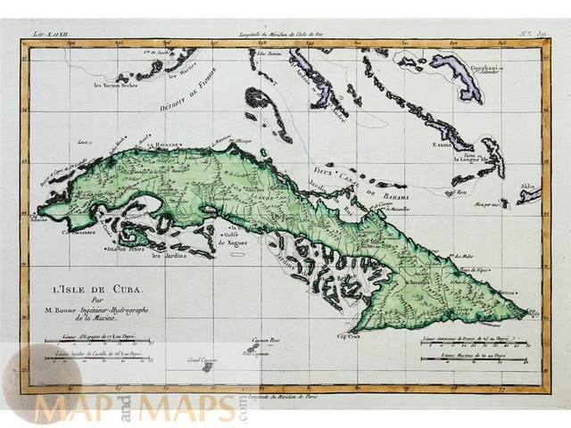 Mappa antica di Cuba, L'Isle de Cuba. di Rigobert Bonne 1780