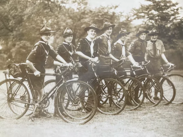 Vintage Photo Group Of Boy Scouts With Bicycles Uniform Hats Yorkshire