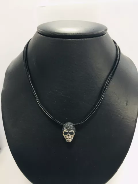 Estate Swarovski Black Crystal Skull Necklace 18-20” Triple Strand Cord