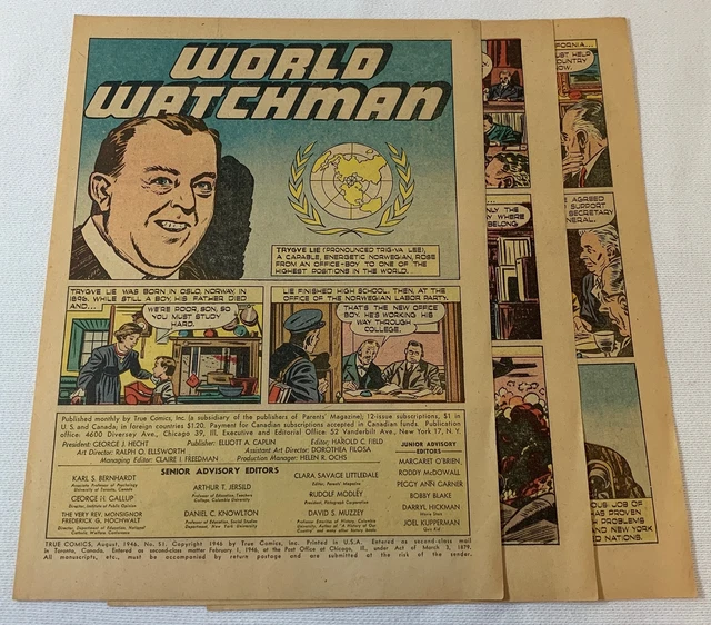 1946 Cinque Pagina Cartoon Story ~ Trygve Lie United Nazioni ~ World Watchman