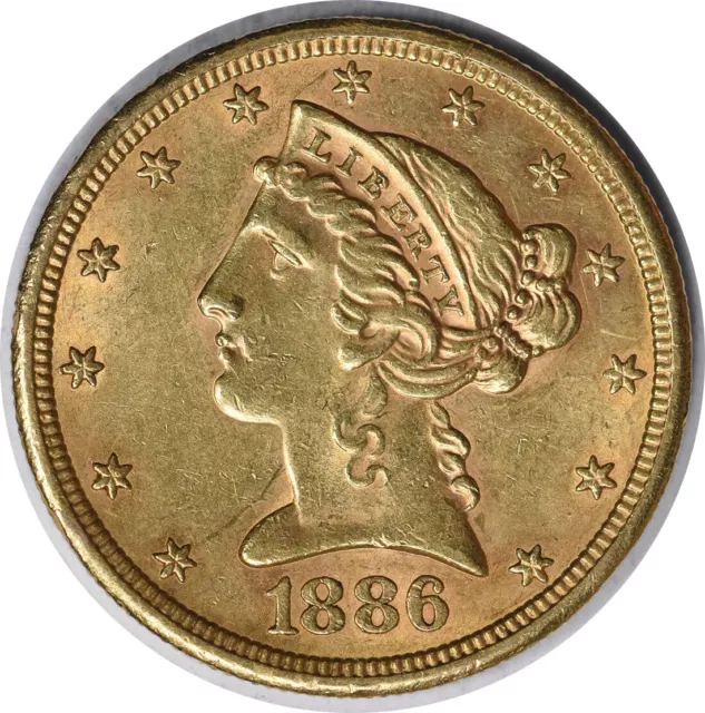 1886-S $5 Gold Liberty Head AU Slider Uncertified #1105