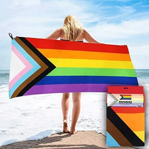 Progress Pride Beach & Bath Towel. LGBTQ+ Rainbow Flag Large Microfibre.