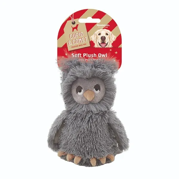 Cupid & Comet Rosewood Festive Soft Plush Owl, Cute Owl Toy For Dogs, Grey Xmas