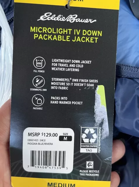 EDDIE BAUER MEN'S Down Packable Jacket Microlight Size Medium Blue 650 ...