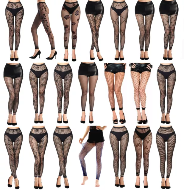Womens Footless Tights Black Patterned Fishnet Floral Lace Net Fashion Ladies UK