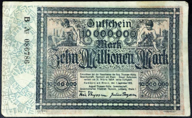 HAMBORN 1923 "August Thyssen-Hütte" 10 Million Mark Inflation Notgeld Germany