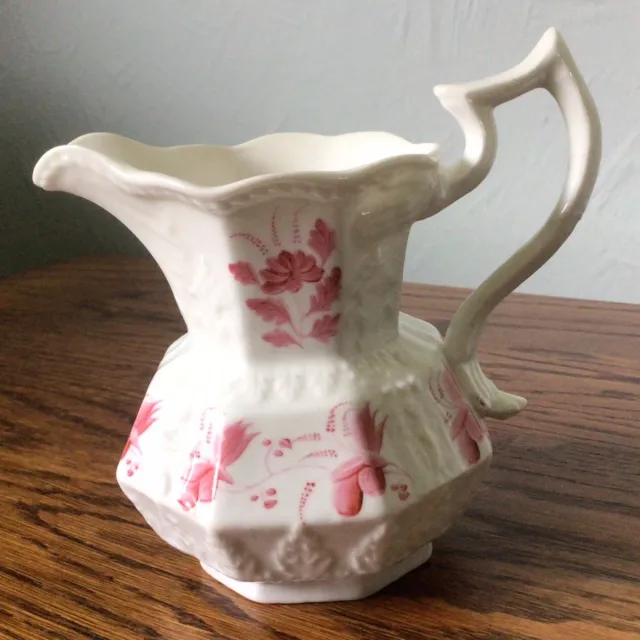 Superb Antique Mid 19Th Century Cream Jug - Pink Flowers - Maker Unknown