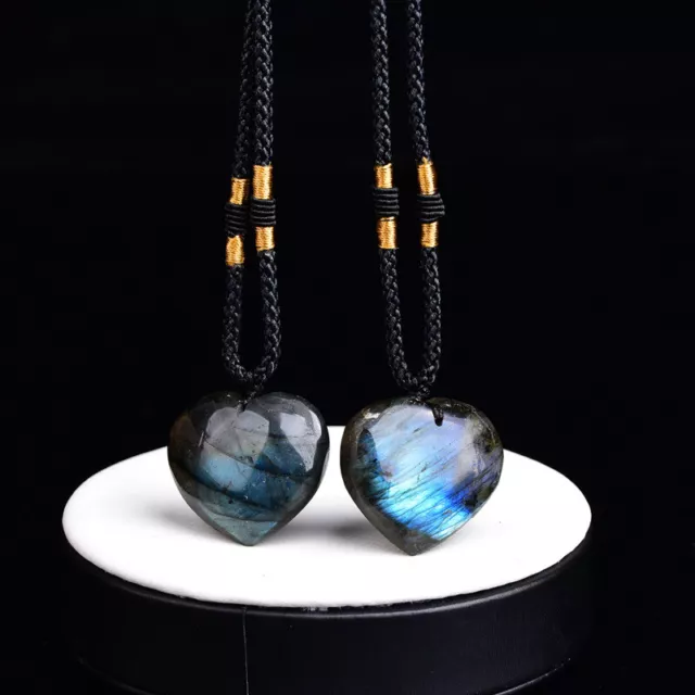 Natural Labradorite Quartz Crystal Heart Shaped Pendant Necklace Chakra Healing