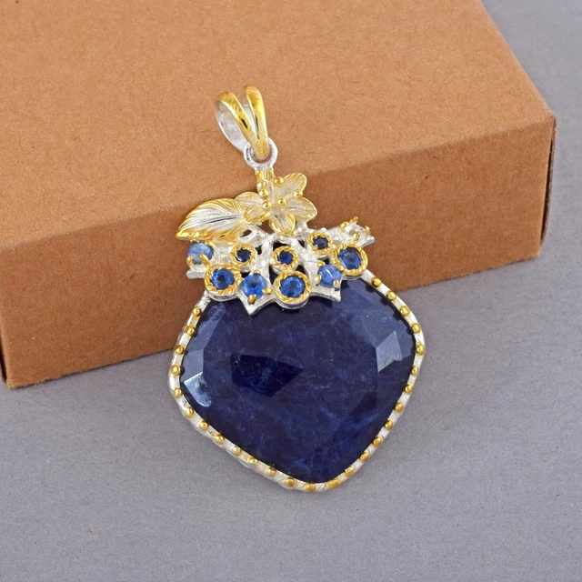 Natural Sodalite Tanzanite Kyanite Pendant 925 Sterling Silver with Gold Accents