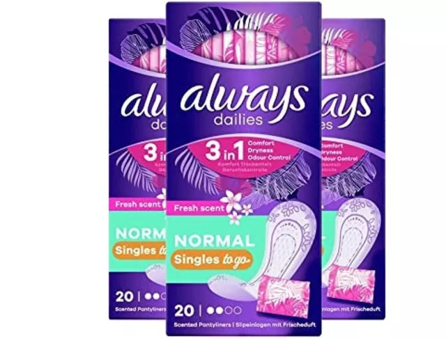 60 Always Dailies Singles Normal To Go Scented Panty 3 X 20, FREE POST £7.49