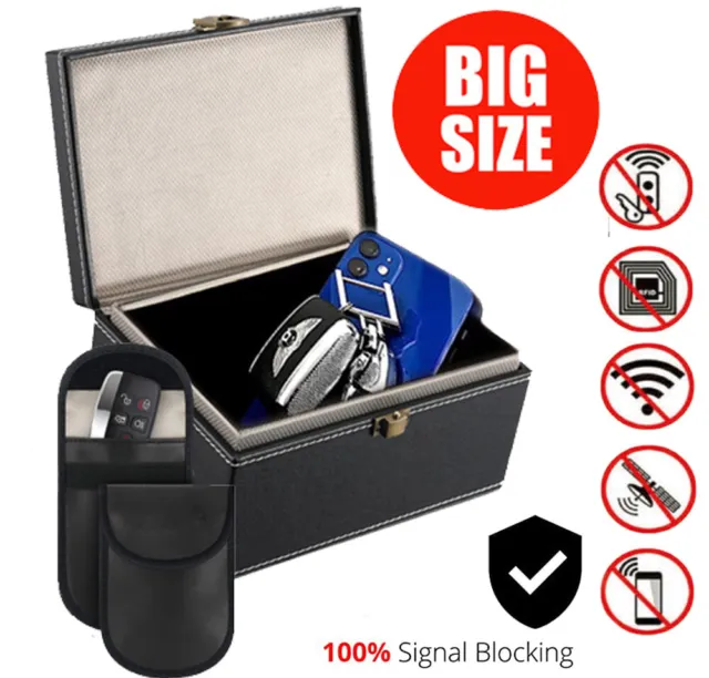 Signal Blocker Box + 2x Bag Car Key Fob RFID Security Anti Theft Faraday Keyless