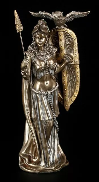 Athena Figur mit Schild und Eule - Athene Göttin Deko Statue bronziert