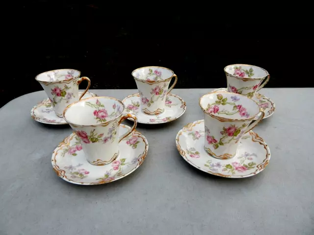 Set Of 5 Haviland Limoges  Chocolate Cups & Saucers W/ Roses - Schleiger  # 87