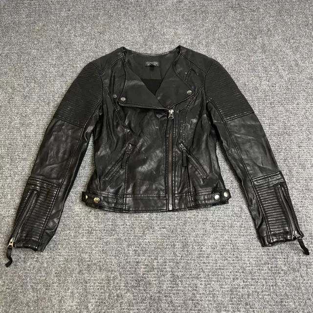 Top shop Womens Faux Leather Jacket Size 2 Black Zip Up Biker Moto