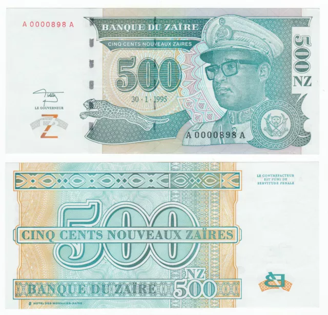 ZAIRE 500 Nouveaux Zaires 1995 P-65 LOW SERIAL Mobutu Leopard UNC Uncirculated