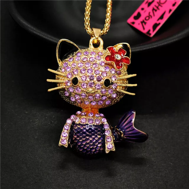 Fashion Lady Enamel Crystal Cute Purple Cat mermaid Pendant Women's Necklace