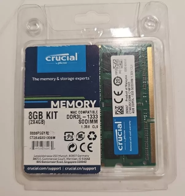 Crucial 4GB 8GB DDR3L 1333 1600 1866 MHz 1,35V 204-polig SO-DIMM Notebook Speicher