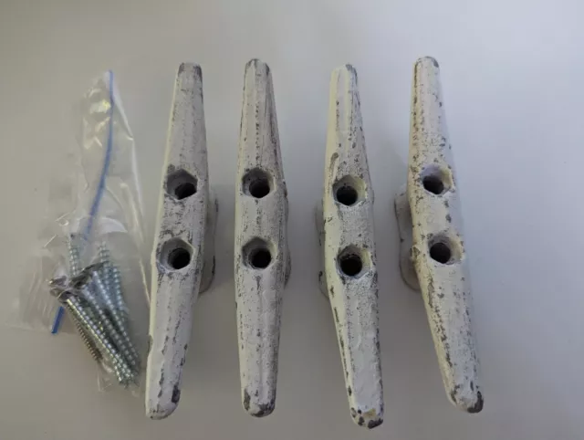 4 Set rustic White Cast Iron Wall Hooks Boat Cleat Nautical Hang Coat Hat Towel