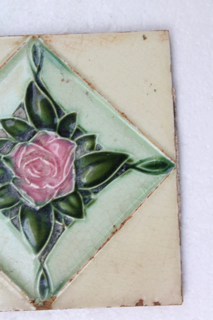 Antique Rose Flower Engrave Nouveau Art Majolica Ceramic Tiles Japan Made NH3131 4