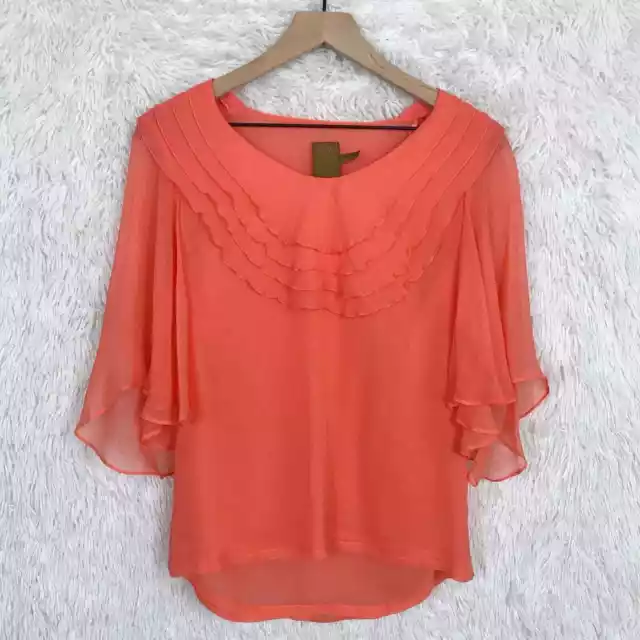 Ali Ro Silk Chiffon Ruffle Blouse Orange 3/4 Flutter Sleeves Sheer Womens 0 XS