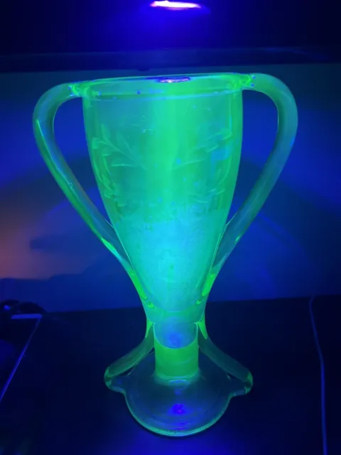 Green Glass Trophy Loving Cup Uranium Etched Flower