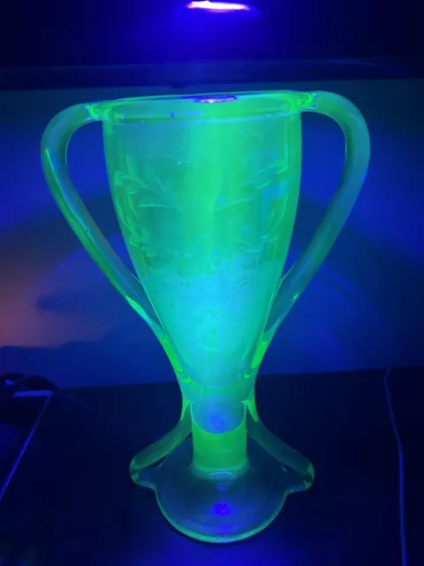 Green Glass Trophy Loving Cup Uranium Etched Flower