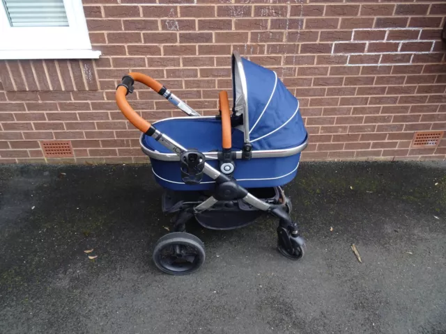 Icandy Peach Pushchair, Carrycot, Main Seat, FootMuff Royal Blue