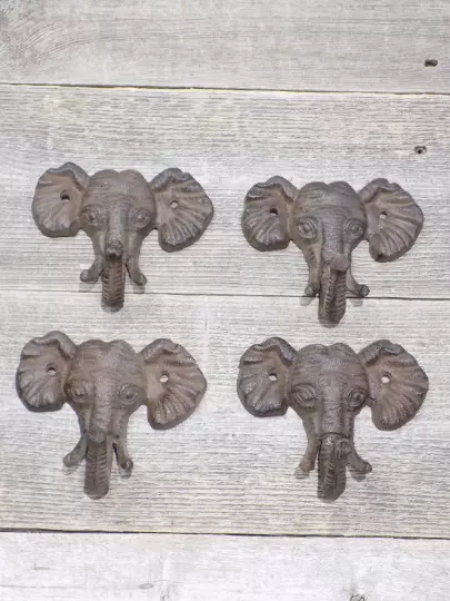 4 Elephant Head Hooks Wall Mount Coat Hat Key Towel Bath Hall Tree Cast Iron