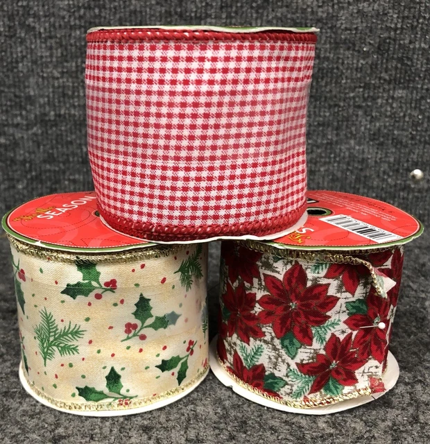 Lote de 3 cintas navideñas de algodón de 2 1/2"" con bordes de alambre 3 yardas cada una nueva