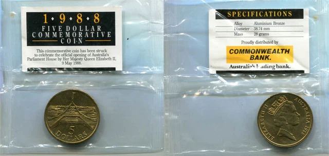 Australia: 1988 $5 Official Opening of Parliament House, Commonwealth Bank Pkg