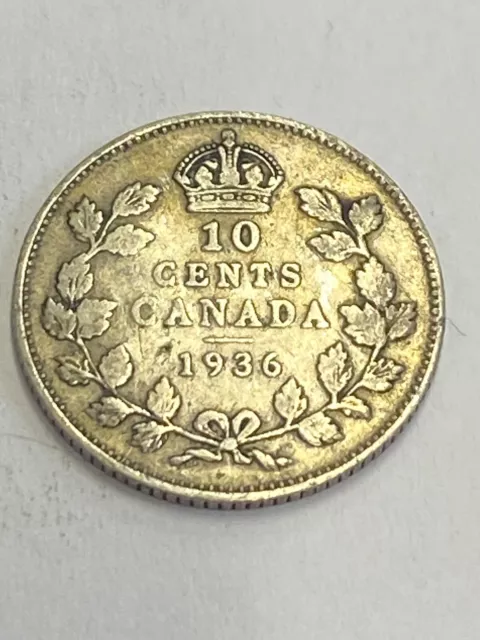 1936 Canada 10 VF-XF Cents Silver Coin Dime George V