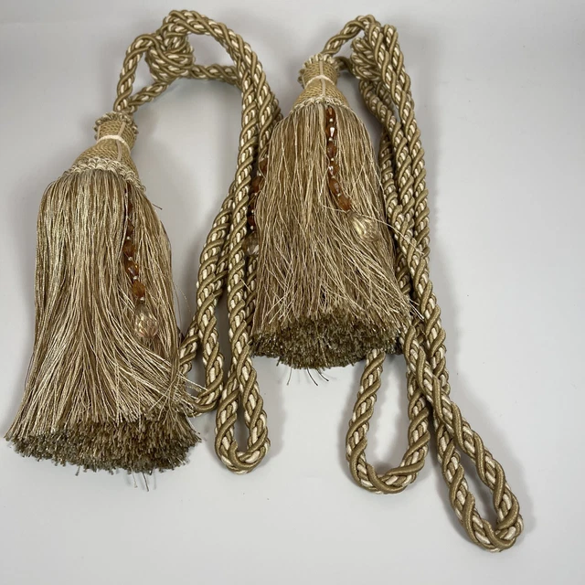 Curtain Tie Backs Tassels Swags Drapery Large Gold Brown Beaded 28" Long Set 2