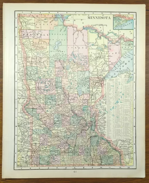 Vintage 1901 MINNESOTA Map 11"x14" ~ Old Antique Original MINNEAPOLIS ST PAUL MN