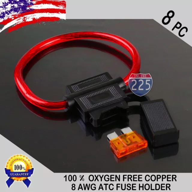 8 Pack 8 Gauge ATC In-Line Blade Fuse Holder 100% OFC Copper Wire + 1A - 40A