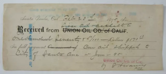 Vintage Union Oil Company of CA Sisar Oil Santa Paula Check Receipt 1895