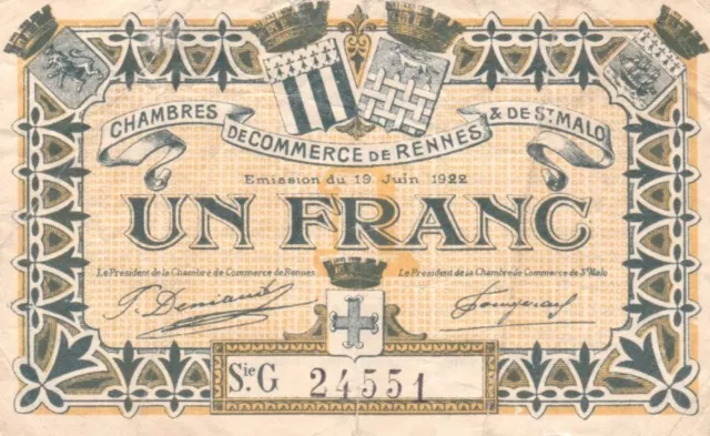 #France Commerce De Rennes & De St Malo 1 Francs 1922 P-NL AF+ Mercury
