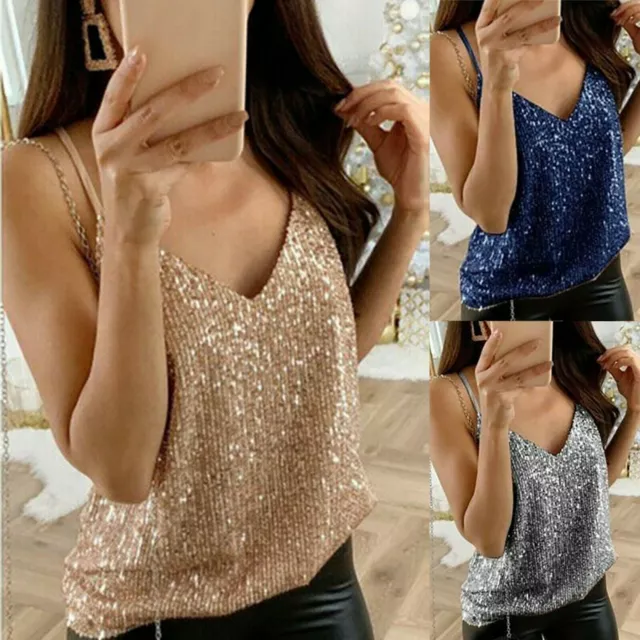 Plus Size Women Sequin Tank Vest Tops Sparkly Cami Blouse Cami Party Clubwear