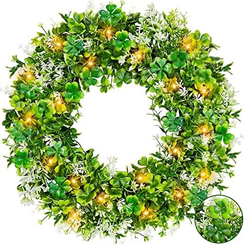St Patricks Day Decorations, Shamrocks Wreath for Front Door, 20 Warm Lights