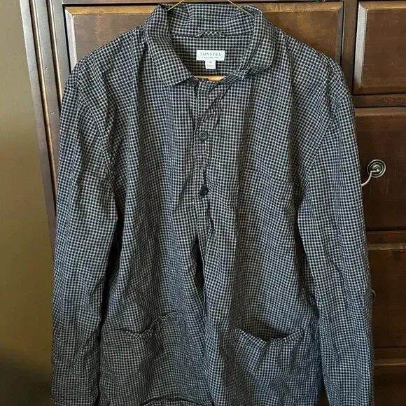 Sunspel Plaid Navy Gray Pajama Shirt Long Sleeve - 100% Cotton, Size M