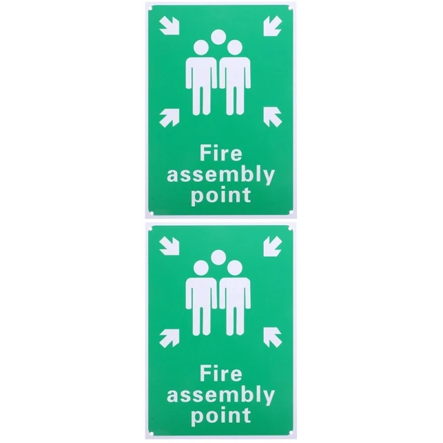 2pcs Fire Assembly Point Sign Aluminum Emergency Sign with Symbol and Text for