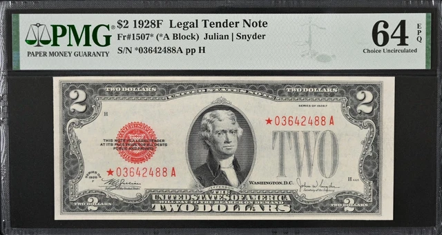 1928-F $2 Legal Tender Note Fr#1507* "Star Note"  Sn#*03642488A Pmg 64 Epq