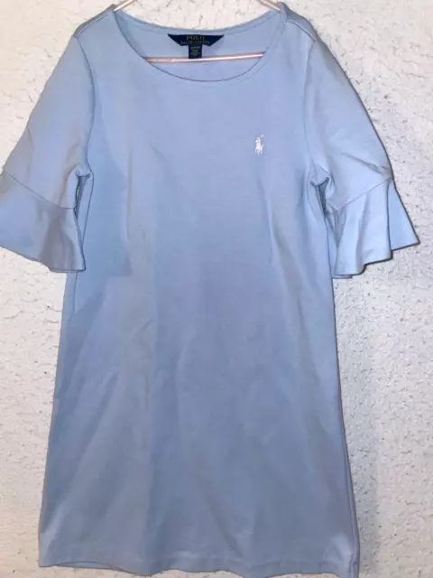 Polo RALPH LAUREN Girls M 8-10 Light Blue White Pony DRESS Short Sleeve ruffle