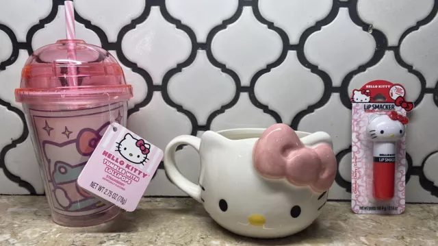 Hello Kitty Sculpted Ceramic Coffee Mug, Tumbler w/ Lollipops & Lip Smacker Lot