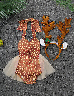 Infant Baby Girls Christmas Elk Costume Halter Neck Romper Dress+Hair Hoop Sets