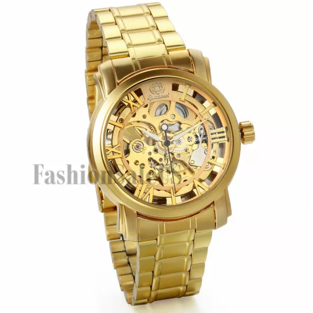 Men's Luxury Skeleton Automatic Mechanical Stainless Steel Gold Tone Wrist Watch