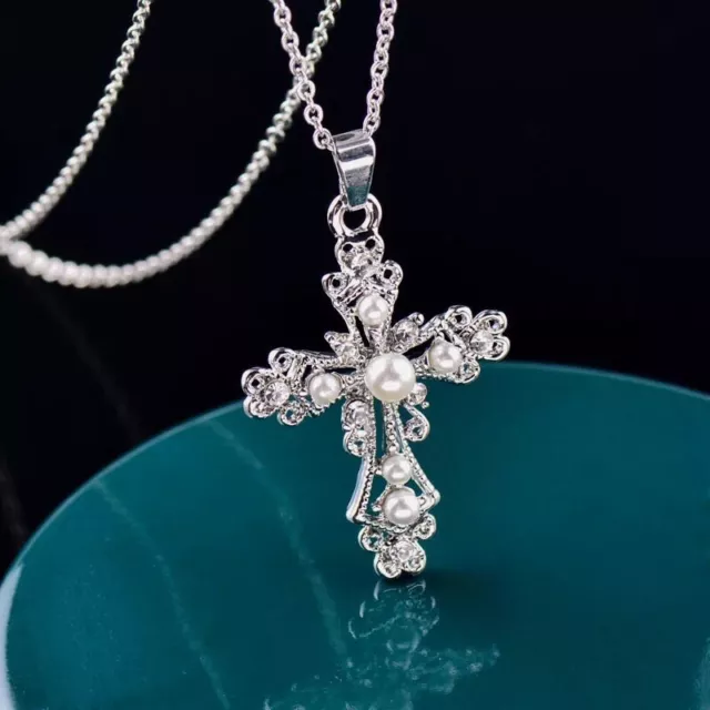 Women 925 Sterling Silver Plated Faux PEARL CROSS Cubic Pendant Necklace N123