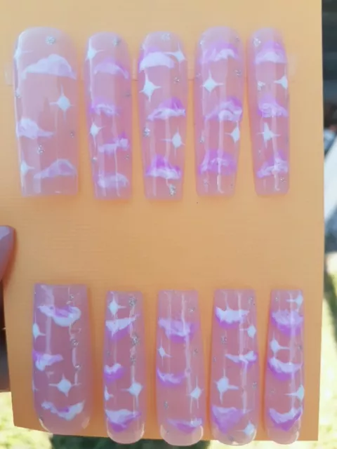 Light Pink Nude, Pink White Clouds, White Stars Silver Press on Nails, Pink nail