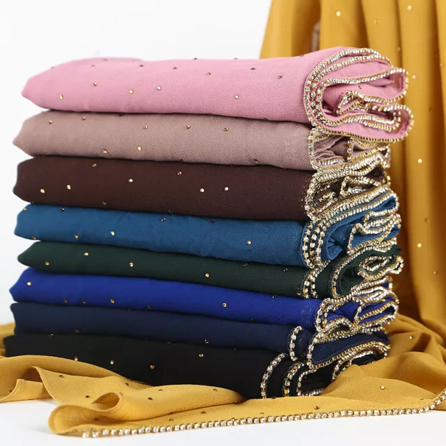 Ladies Chiffon Hijab Long Scarf Muslim Scarves Head Wrap Shawls with Rhinestones