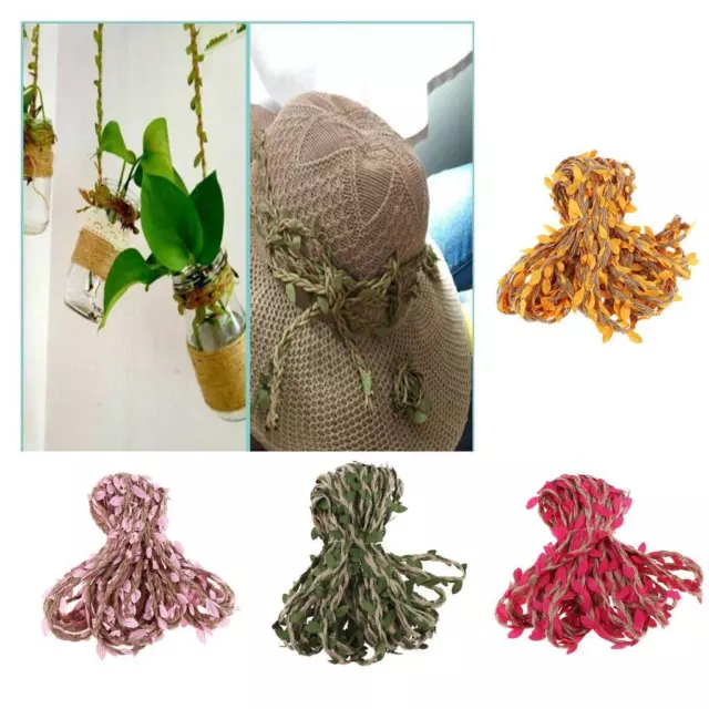 10 M Natural Jute Twine, Jute Leaf Ribbon 5 with Artificial Leaves, Rustic Vine