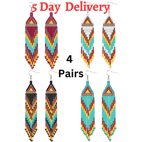 Long Beaded Tassel Earrings Bohemian Seed Bead Statement Fringe Drop Earrings 4p